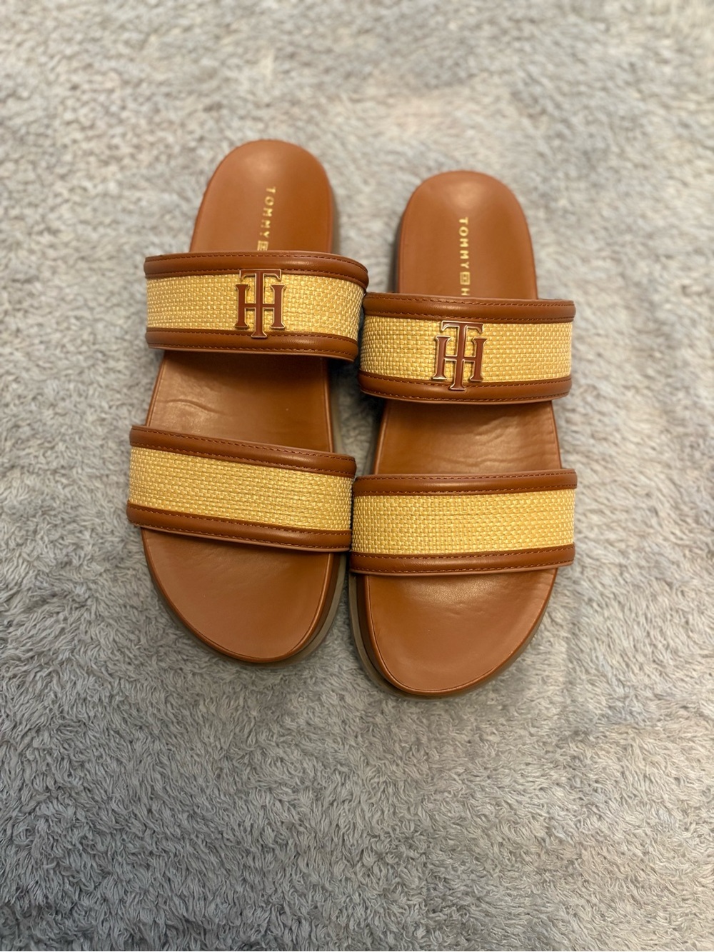 Tommy Hilfiger Tan Leather Woven Double-Strap Sandals